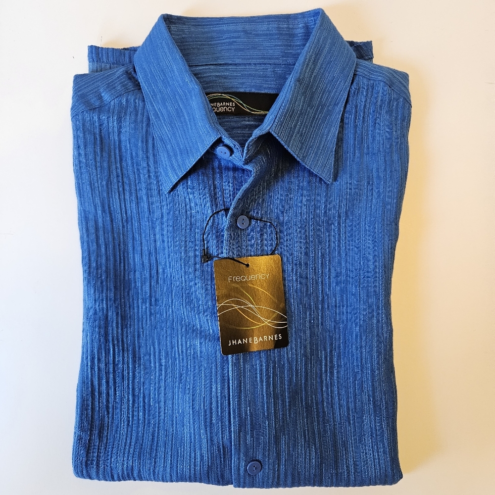 JHANE BARNES Blue Silk Cotton Blend Mens Short Sleeve Button Shirt M NWT